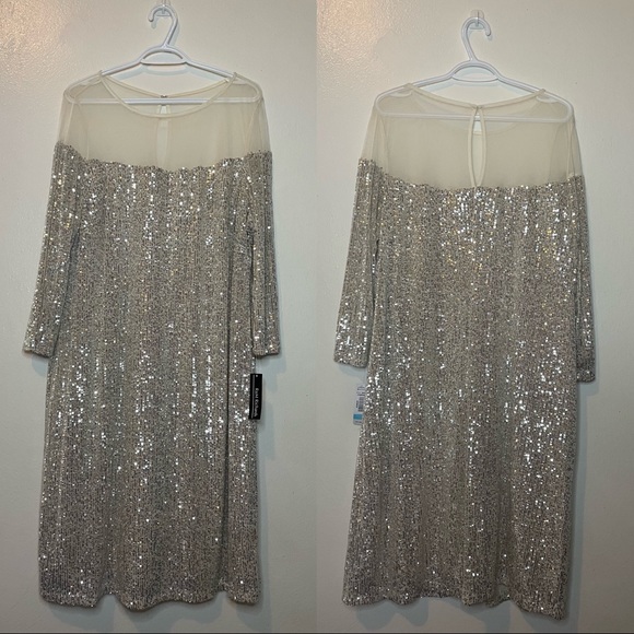 NWT R&M Richards White Sequined Plus Size Formal Long Sleeve Wedding Dress - Picture 4 of 4